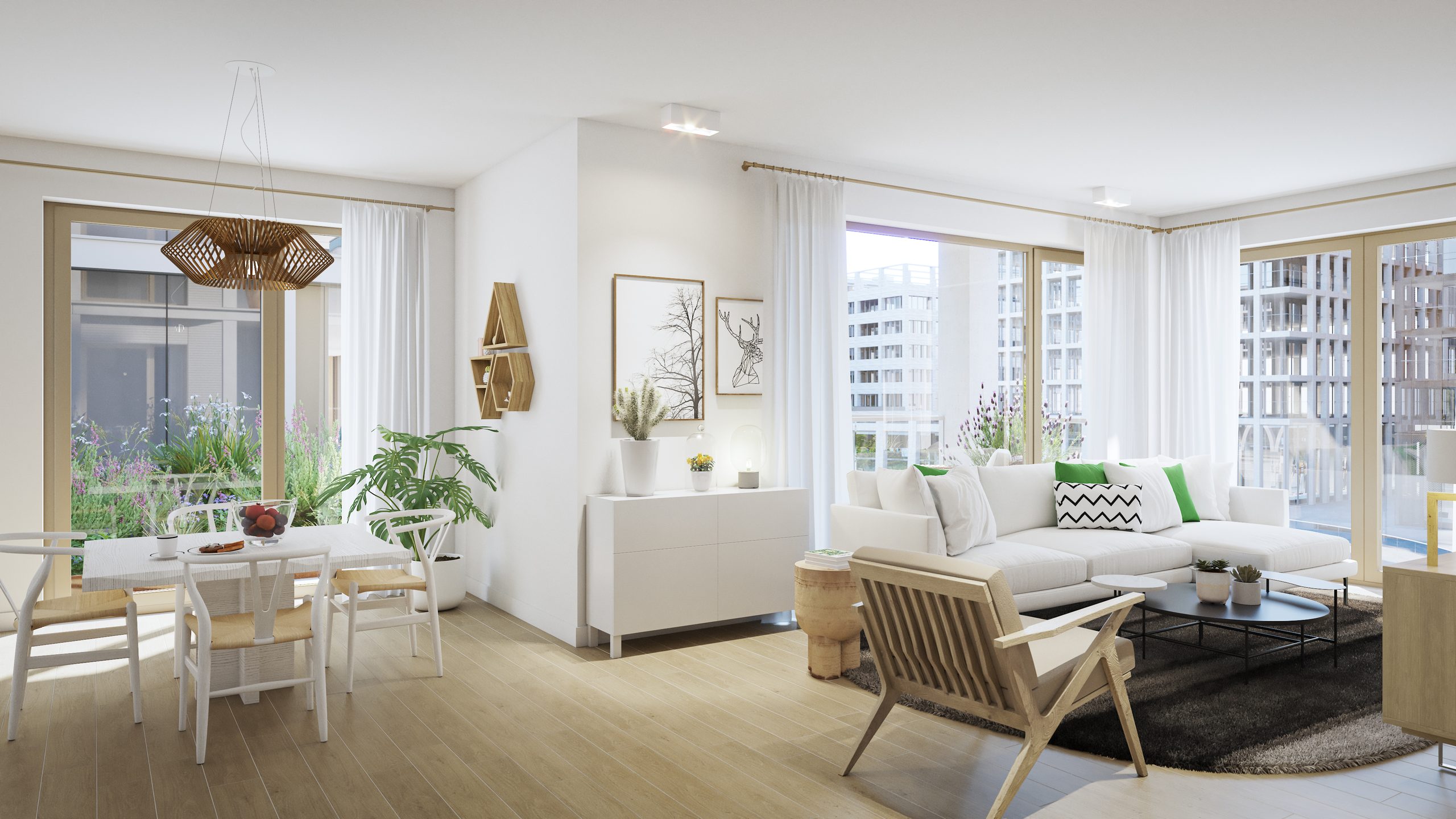 Séjour lumineux d'un appartement ROOTS ouvert sur l'extérieur