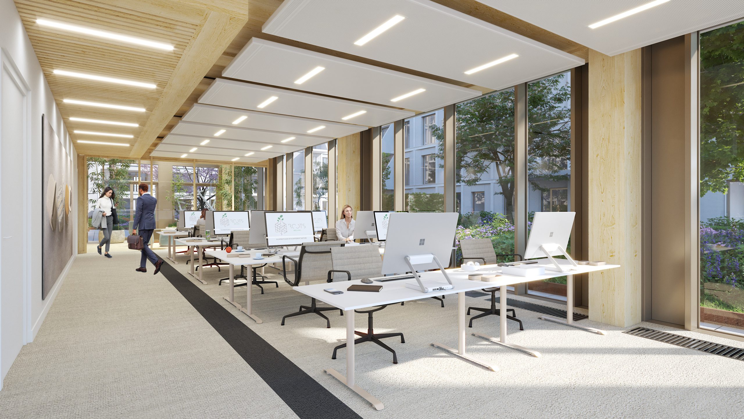 Plateau de bureaux Roots Office, ossature bois et vues sur le cœur paysager