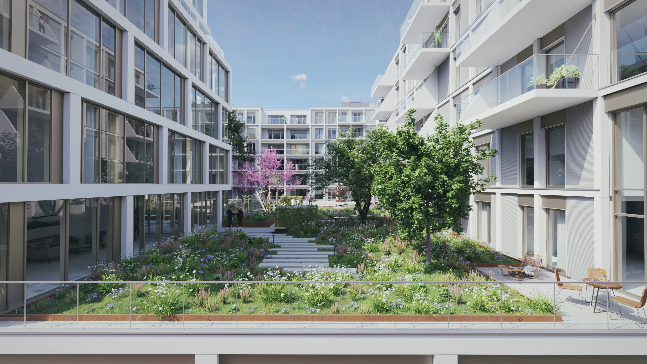 Le cœur d'îlot paysager de ROOTS Belval : jardin, arbres et terrasses