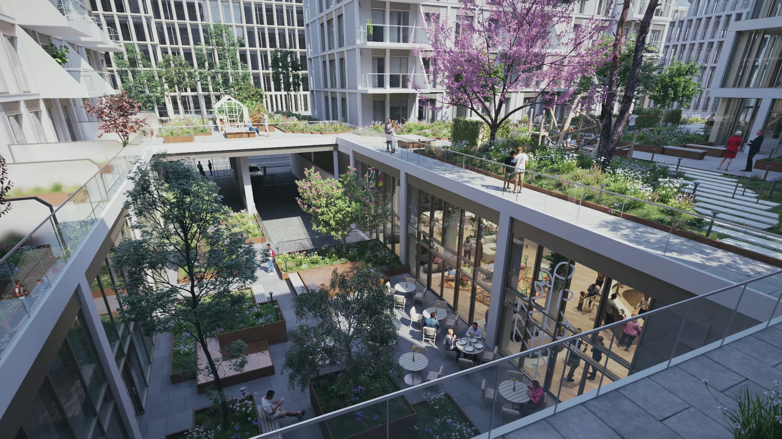 Cœur d'îlot de ROOTS : un commerce en rez-de-chaussée, terrasses et jardins